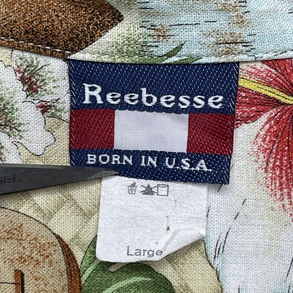 Vintage Reebesse Hawaiian Shirt Large Tropical Print  Made In USA Beige/Green - Picture 2 of 5